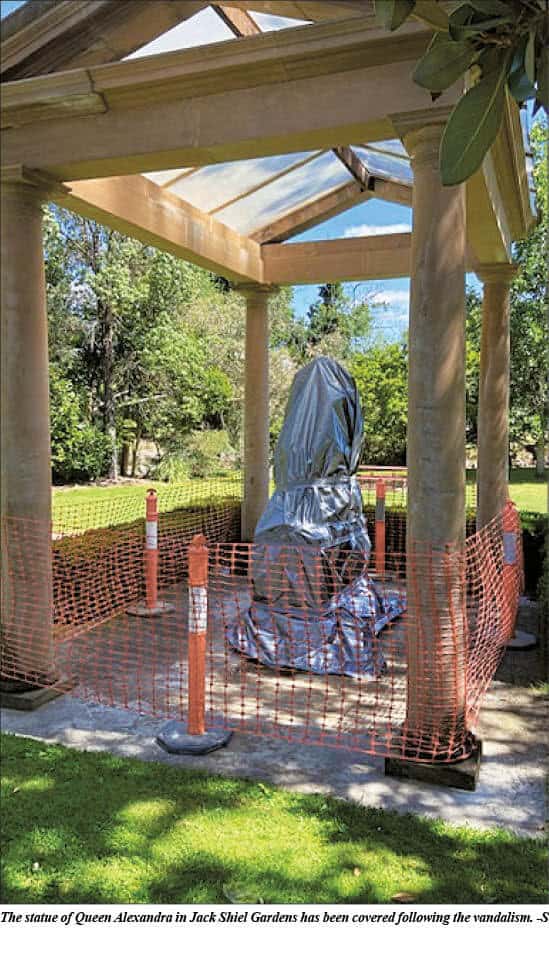 The statue of Queen Alexandra in Jack Shiel Gardens has been covered following the vandalism.