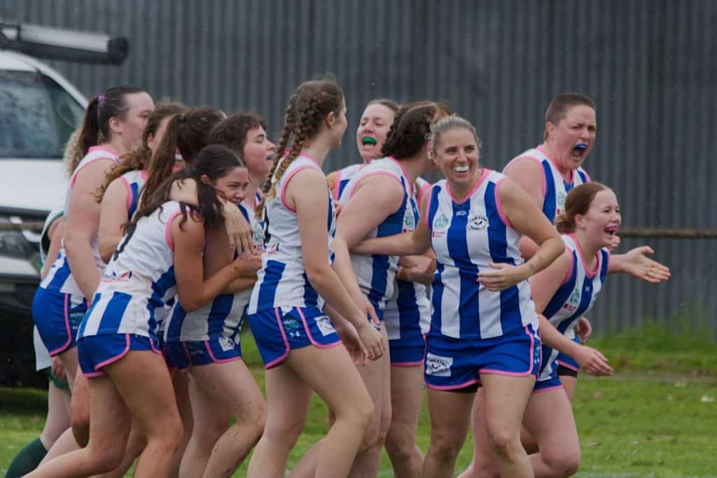 Thornton-Eildon celebrate their first goal of the season