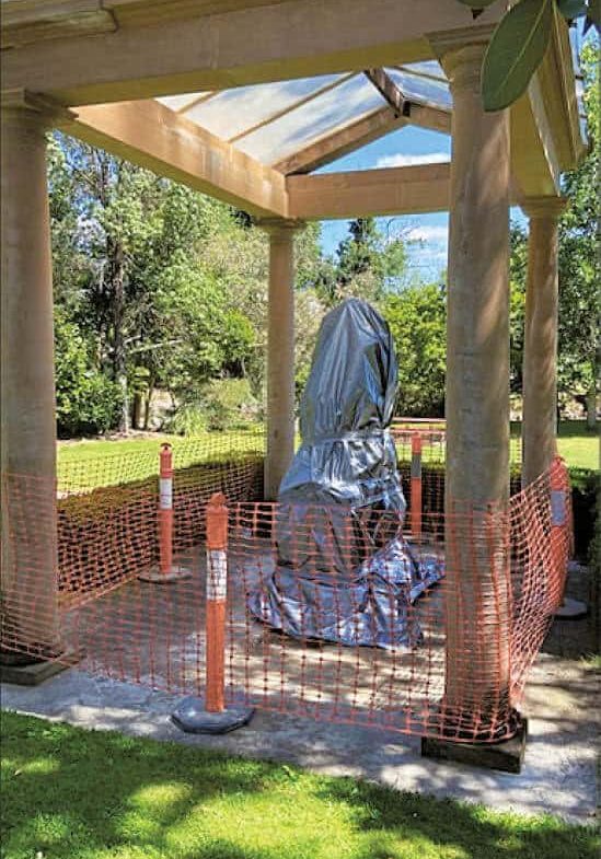 The statue of Queen Alexandra in Jack Shiel Gardens has been covered following the vandalism.
