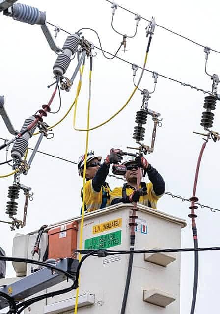 Ausnet technicians fixing powerlines following the storms on Tuesday, February 13. Ausnet technicians fixing powerlines following the storms on Tuesday, February 13.