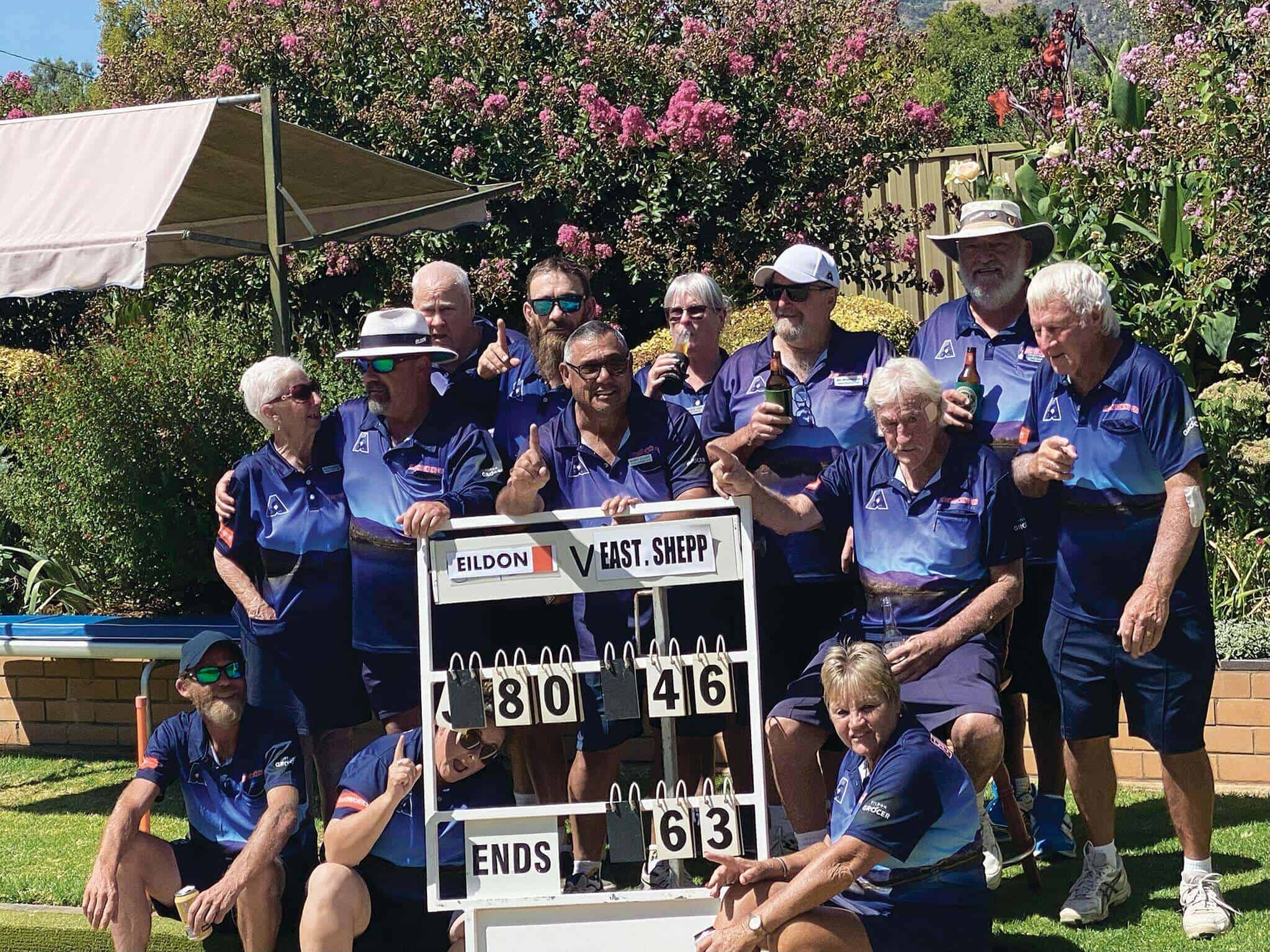 Eildon bowlers from the Tuesday pennant. Back row: Ian Layfield, Craig Parker, Marie Cossie, Jim Wheelhouse and Ian Uthenwoldt. Middle row: Maureen Aked, Ray Holt, Barry Elliott, Rod McGowan and Graeme Barber. Front row: Rick Sproles, Gale George and Lynn Cain-Barber.